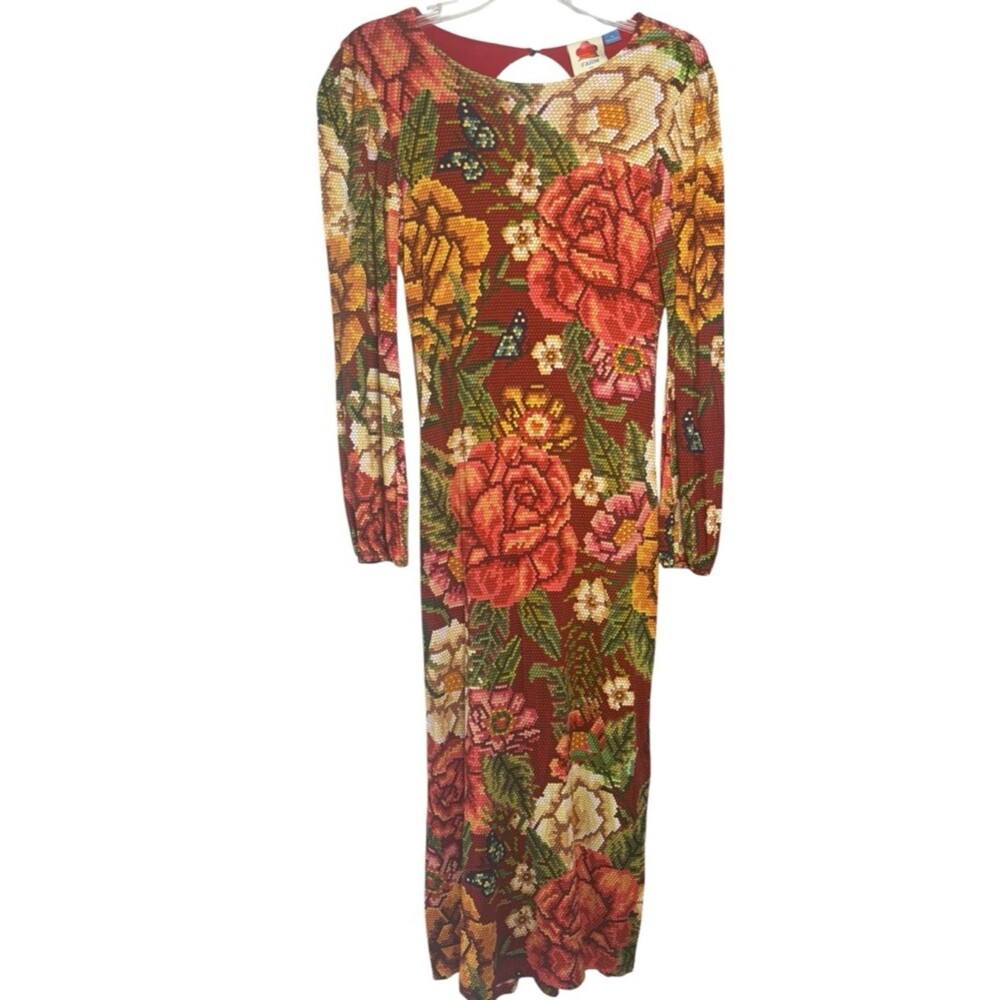 FARM by Anthropologie Floral Knit Maxi Dress in Red/Rust/Pink Floral Print W XS - Picture 3 of 8